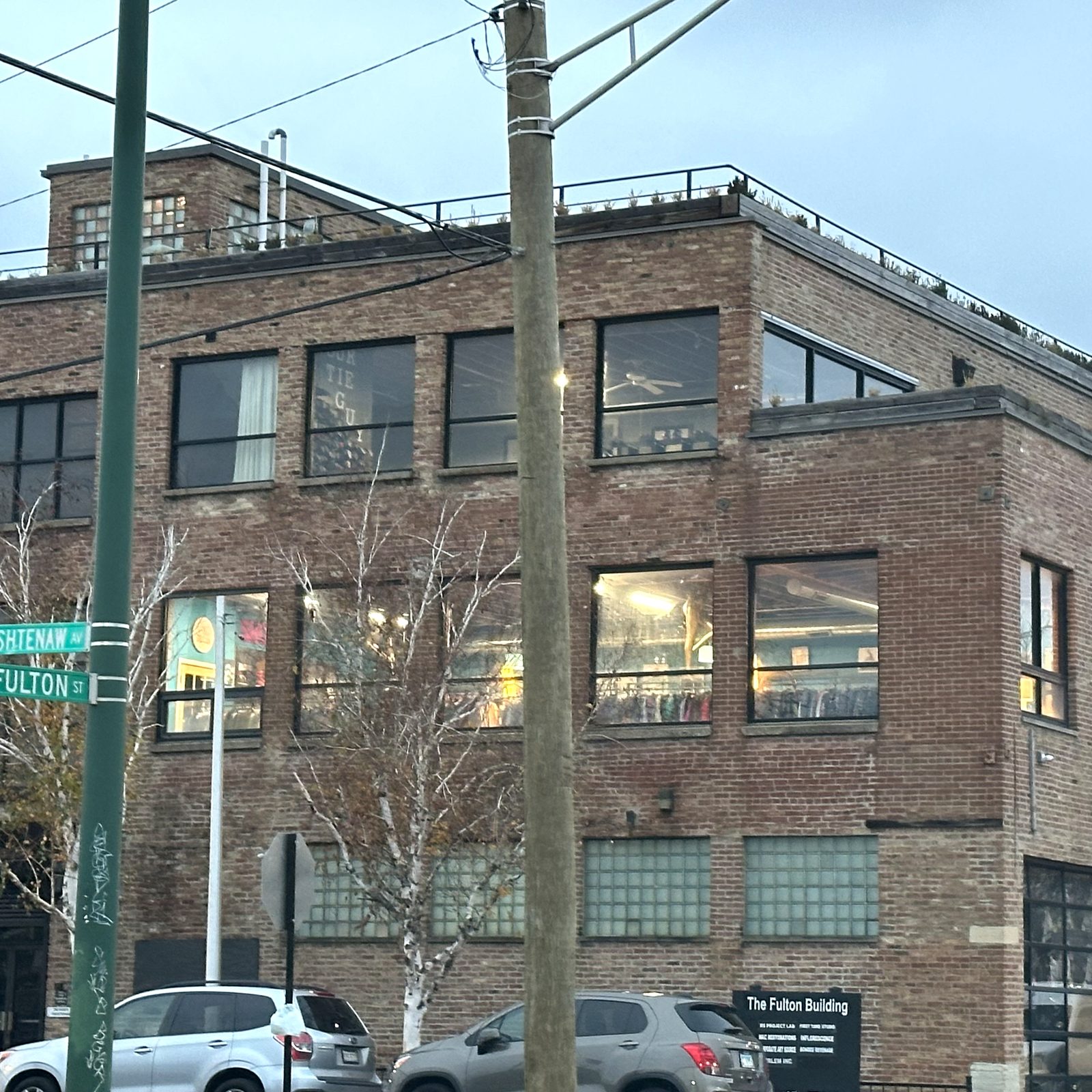 The brick corner of The Fulton Building seen from the opposite angle.